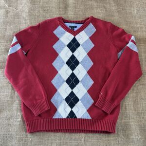 Tommy Hilfiger Woman's Red Argyle Print Cotton V-Neck Sweater Size Large 16/18